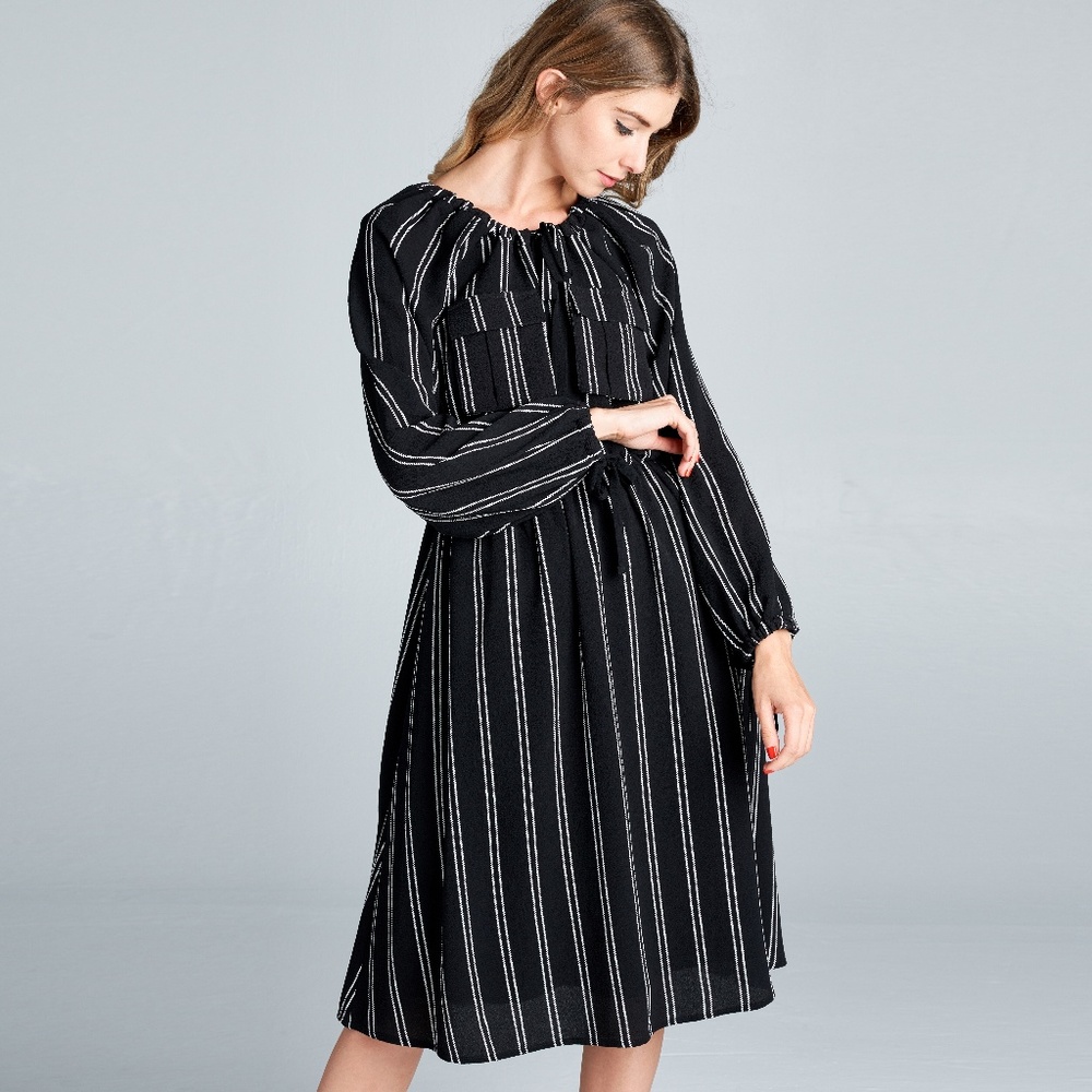 Black Striped Double Breast Pocket Midi Dress